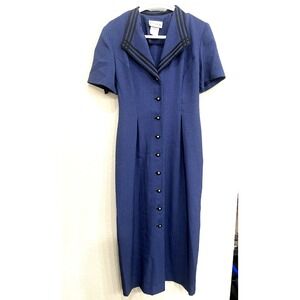 Vtg Miss Dorby Sailor‎ Dress Size 8 Nautical Collar Button Up Shoulder Pads Blue